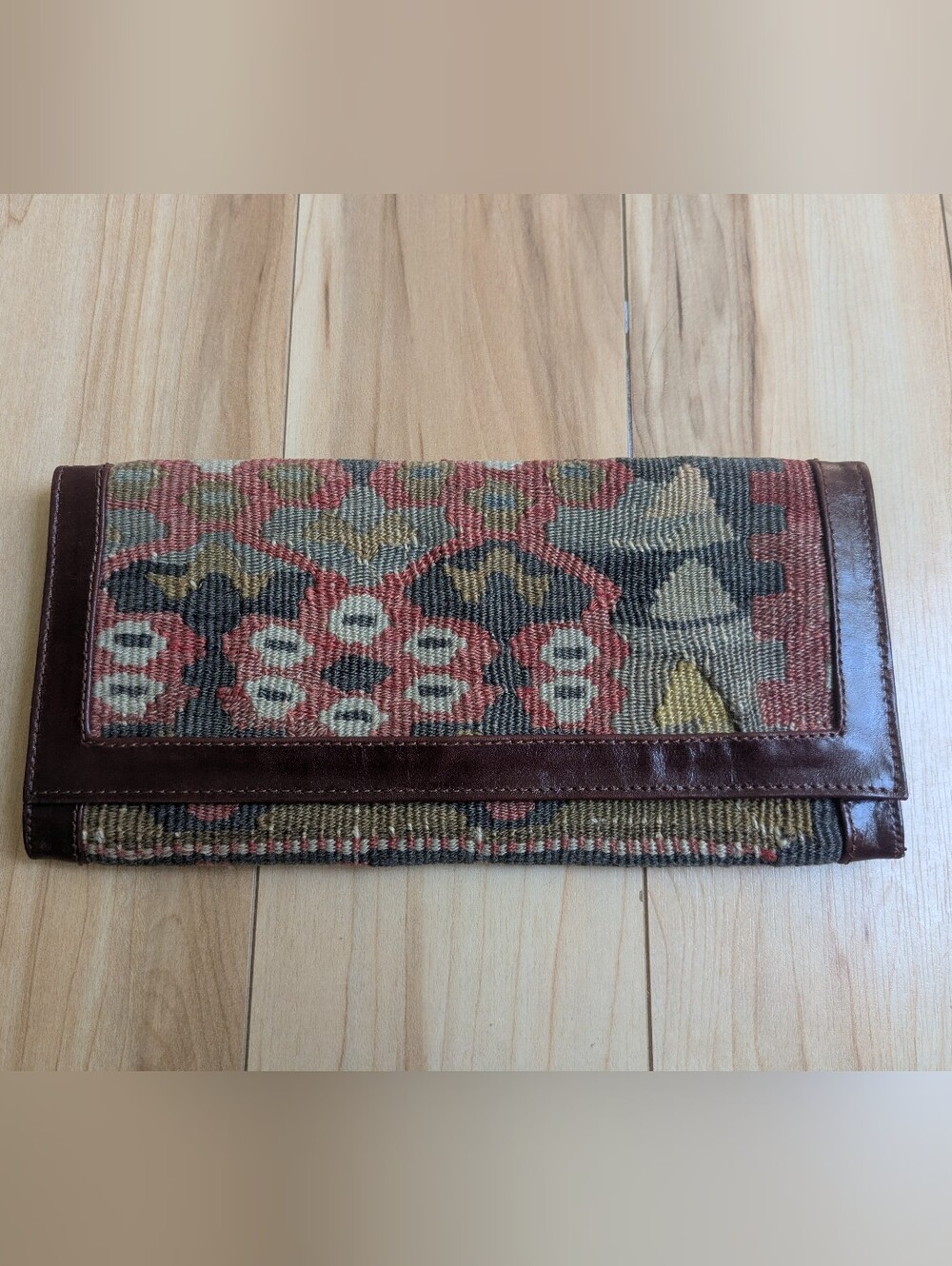 Turkish Wool Kilim Brown Leather Wallet Clutch Bag